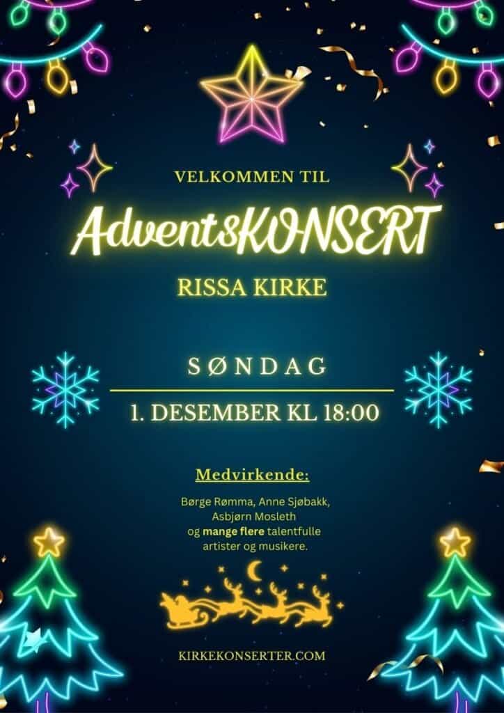 Julekonsert i Rissa kirke med lysende dekorasjoner og juletema.