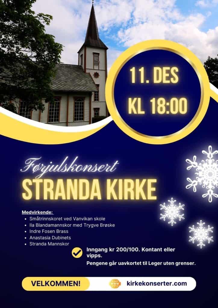 Kirkekonsert i Fosen, 11. desember kl. 18:00, i Stranda Kirke med lokale artister og julestemning.