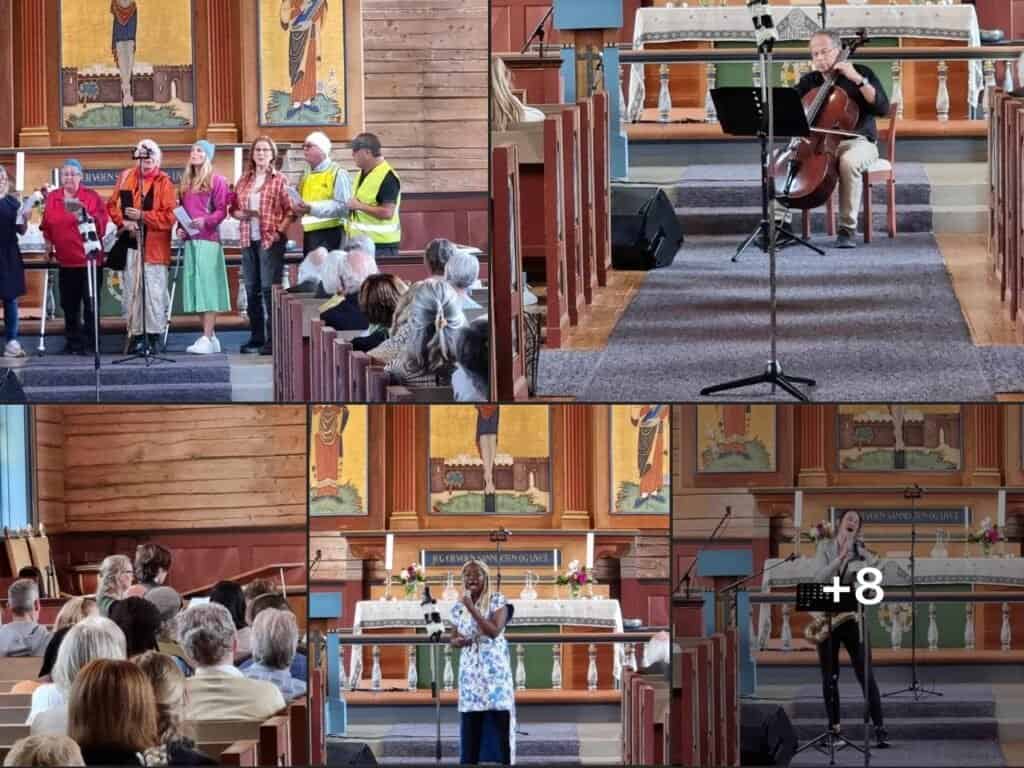 Kirkekonsert i Fosen med sangere og musikere, skape en stemningsfull opplevelse i kirkerommet.