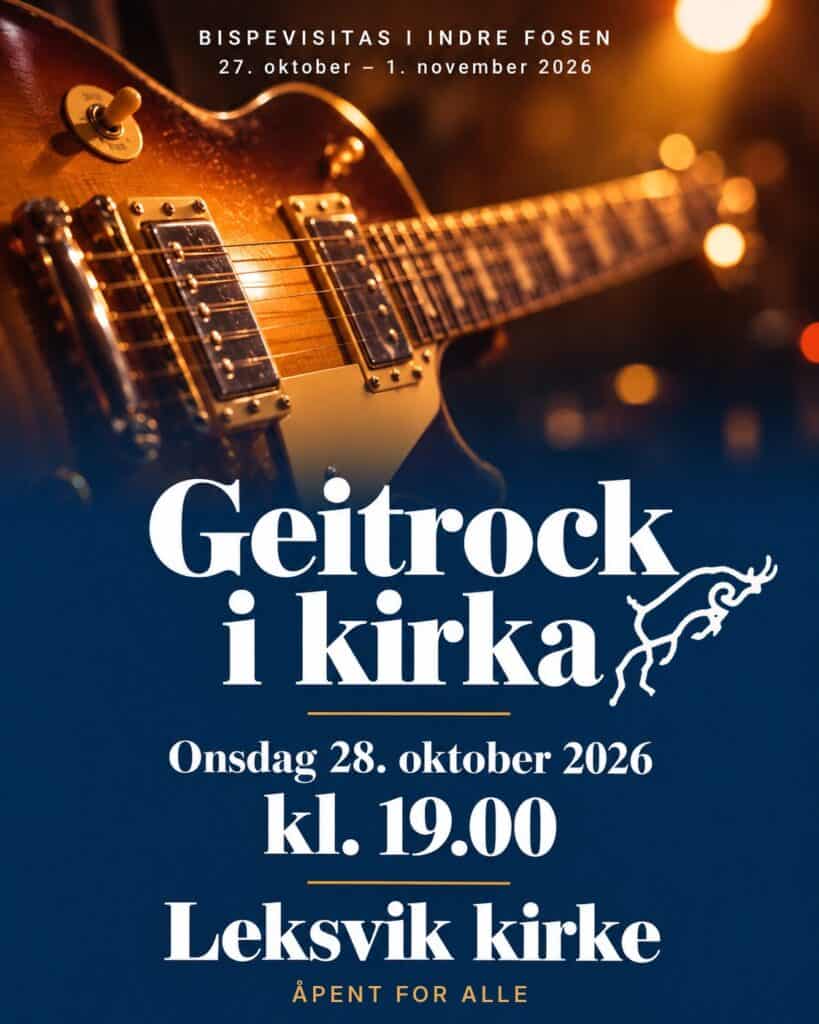 Plakat for Geitrock i kirka i Leksvik kirke onsdag 28. oktober 2026 kl. 19.00, med elektrisk gitar