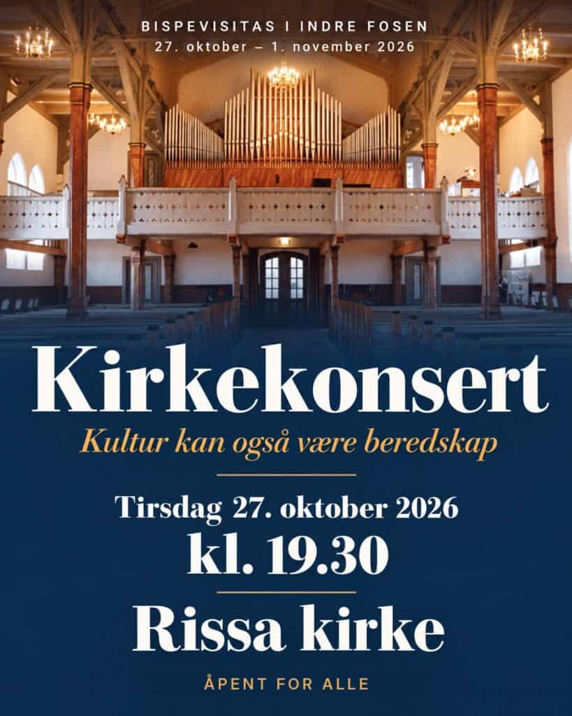 Plakat for kirkekonsert i Rissa kirke tirsdag 27. oktober 2026 kl. 19.30, med orgelet i Rissa kirke