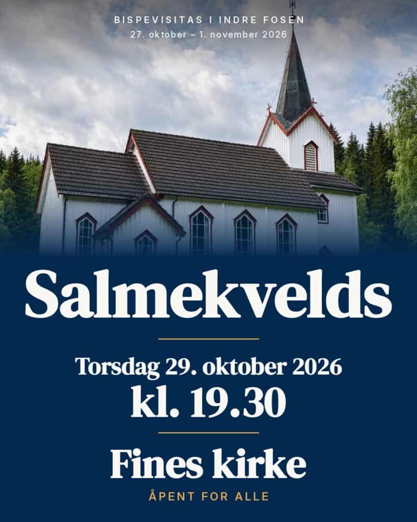 Plakat for salmekvelds i Fines kirke torsdag 29. oktober 2026 kl. 19.30, med Fines kirke