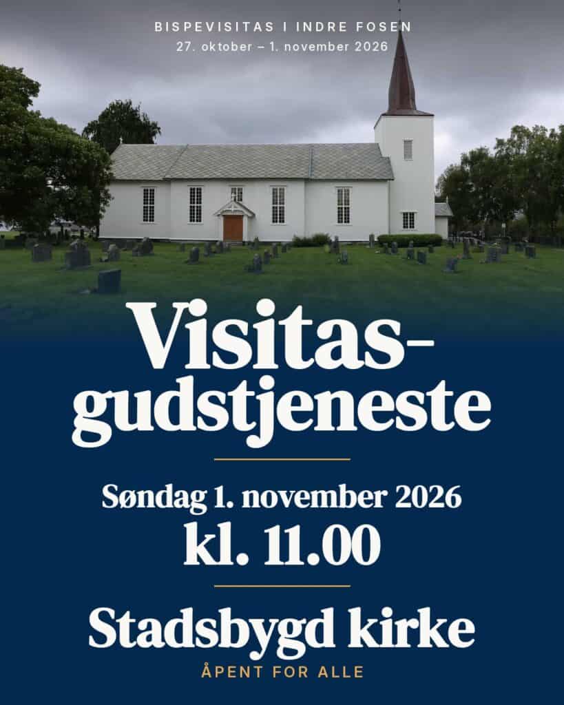 Plakat for visitasgudstjeneste i Stadsbygd kirke søndag 1. november 2026 kl. 11.00, med Stadsbygd kirke